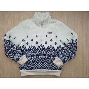 Vineyard Vines Womens Small Fair Isle Quarter Zip Plush Teddy Sweater Ivory Navy
